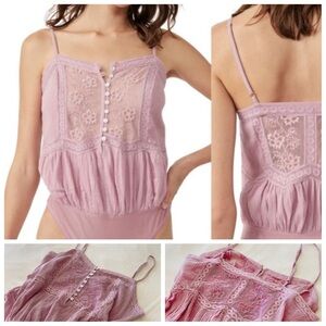 NWOT- Free People Gauze and Lace Trim Pink Bodysuit